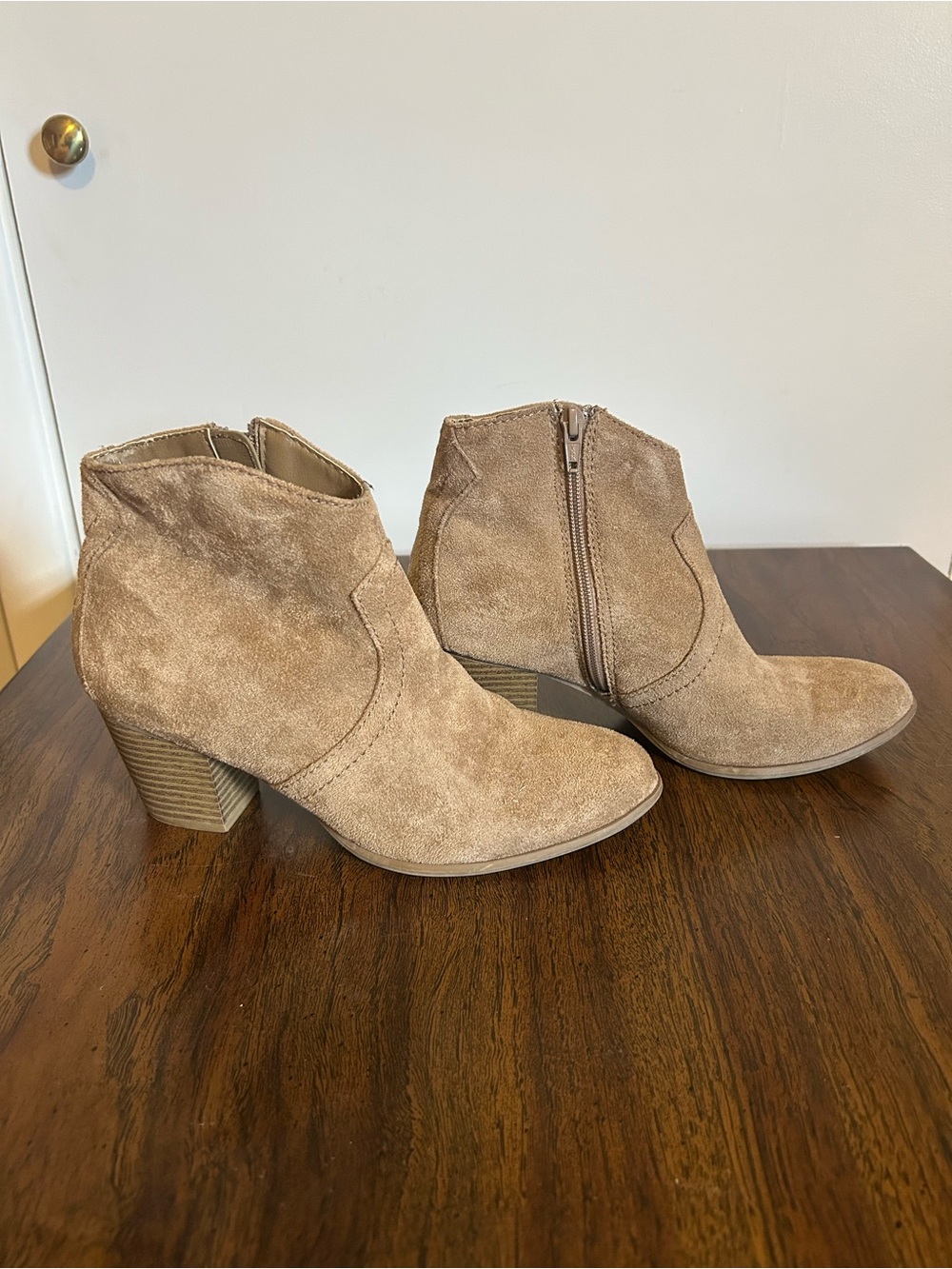Women’s Taupe Suede Ankle Booties - Zip Side Block Heel